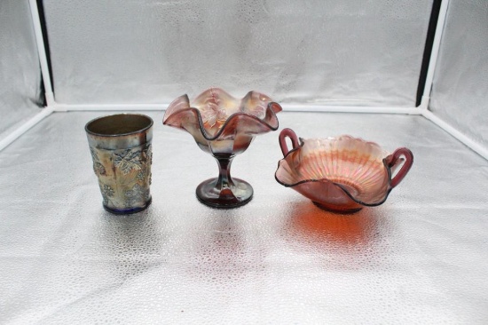 (1) FENTON STRIPPED RAY BON BON AND AMETHYST, (1) FENTON OPEN ROSE COMPOTE,