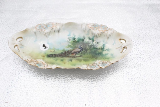 SERVING DISH WITH PEACOCK, HAND PAINTED, 9.5"