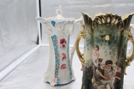 (4) RS PRUSSIA PIECES, INCLUDING (1) CHOCOLATE AND (2) TEAPOTS, SOME DAMAGE