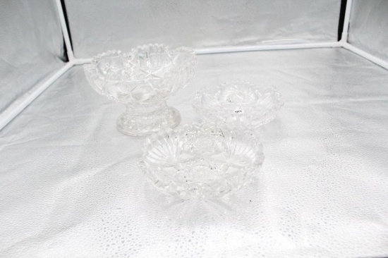(3) PIECES OF CUT GLASS INCLUDING (2) BOWLS, 6" AND (1) COMPOTE, 7"