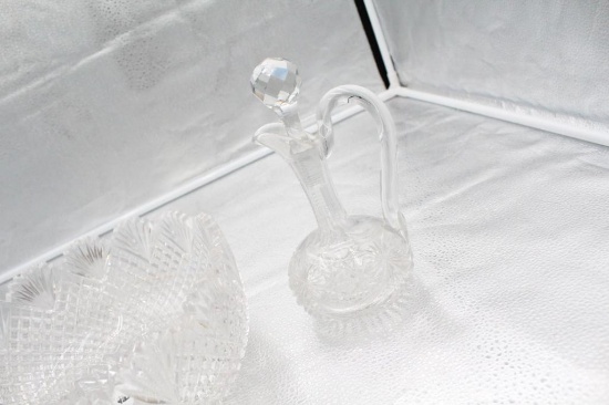 LARGE CUT GLASS SERVING BOWL, 10" AND CUT GLASS CRUET