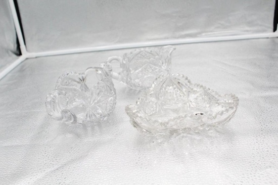 (3) PIECES OF CUT LIBBEY CUT GLASS INCLUDING CREAM & SUGAR AND SMALL DISH