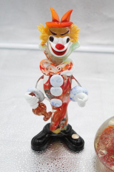 MURANO GLASS CLOWN, 8" AND LARGE PAPERWEIGHT