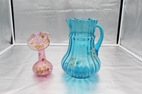 JACK-IN-THE-PULPIT ENAMELED ART GLASS VASE, 6.75", LARGE ENAMELED PITCHER,
