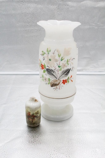 LARGE BRISTOL ENAMELED VASE, 13", SMALL RS GERMANY PORTRAIT VASE, 4"