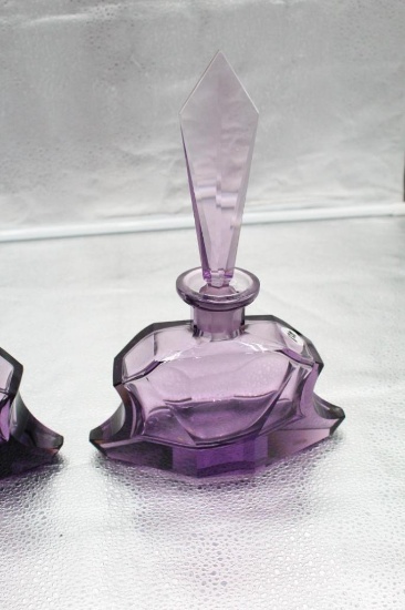 (2) LARGE AMYTHEST PERFUME BOTTLES, ONE DAUBER MISSING AND PART OF STOPPER