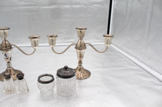 (2) STERLING SILVER WEIGHTED CANDLE STICKS, STERLING TOP MUSTARD JAR, TOOTH