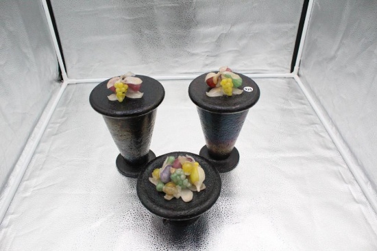 (3) UNUSUAL MURANO GLASS CONTAINERS WITH APPLIED FRUITS AND VEGETABLE HANDL