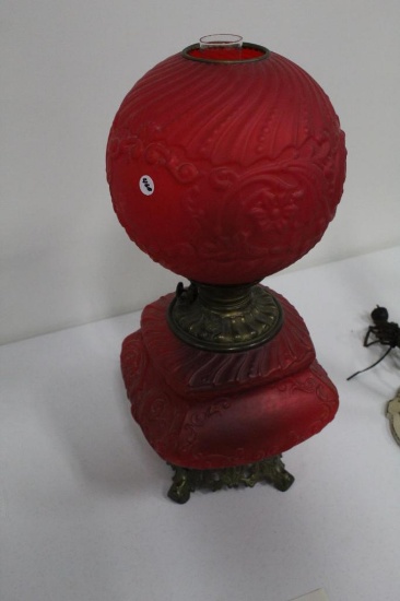 LARGE RED SATIN GLASS GONE WITH THE WIND-STYLE LAMP, ELECTRIFIED, 24.5"