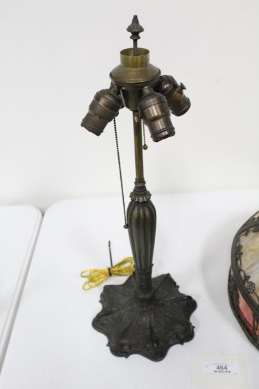 4-LIGHT SLAG GLASS LAMP, BASE MARKED ROYAL ART GLASS CO., LEADED FRAMWORK A