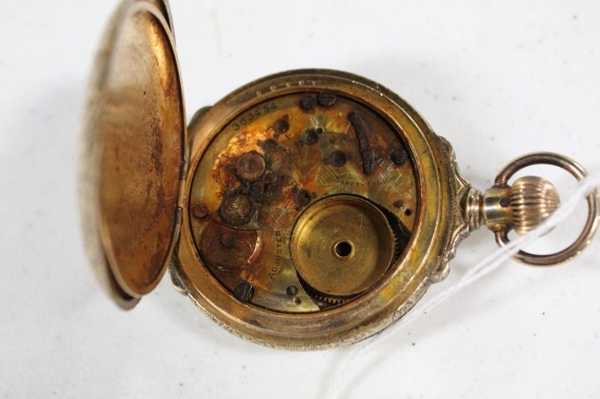 RAILROAD (LOCOMOTIVE) POCKET WATCH CASE (MISSING BEZEL; CROWN BENT)