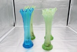 (3) GREEN OPALESCENT VASES, (1) BLUE VASE, ALL 11