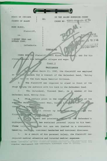 Motley Crue Autographed 1990 Lawsuit File W/COA