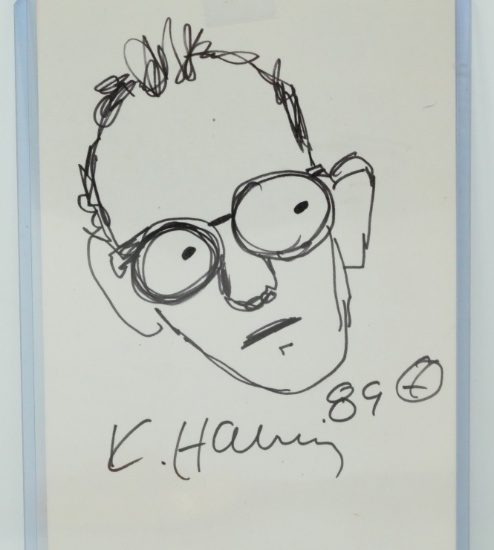 Kieth Haring 1989 Signed 4" x 6" Self Portrait