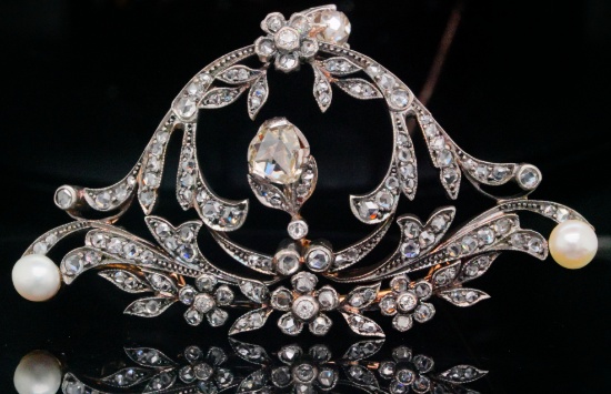 3.00ctw Diamond, GIA Akoya Pearl Silver/18K Brooch