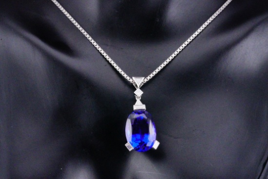 2.55ct Tanzanite, 0.30ctw Diamond and Platinum Necklace