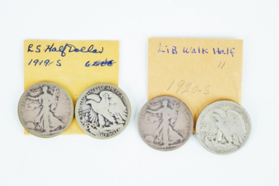 (4) 1919-S and 1920-S Walking Liberty Half Dollars
