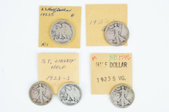 (5) 1923-S 90% Silver Walking Liberty Half Dollars