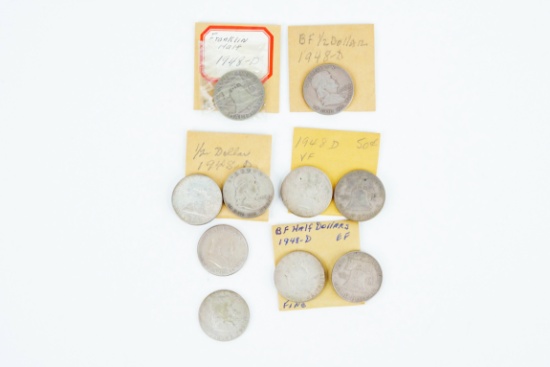 Lot of (10) 1948-D 90% Silver Franklin Half Dollars