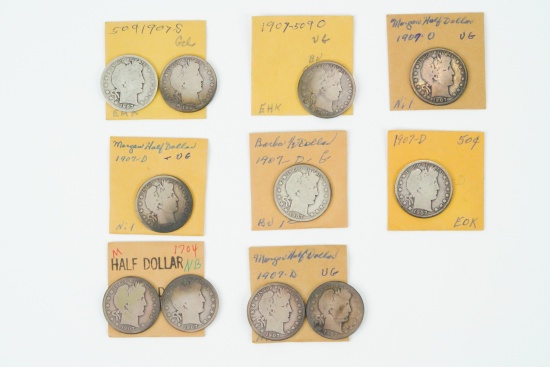 Lot of (11) 1907 Barber Half Dollars (90% Silver)