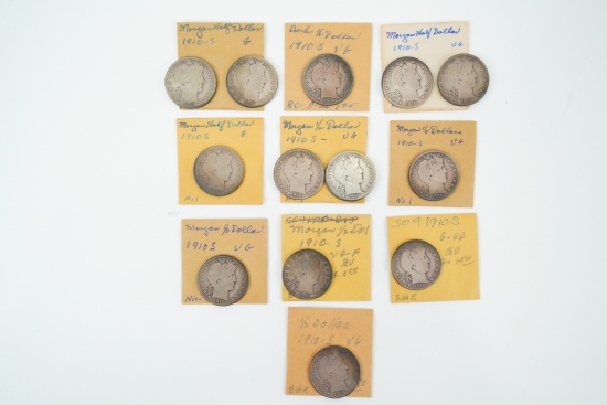 Lot of (13) 1910-S Barber Half Dollars (90% Silver)