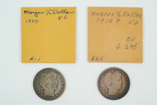 Lot of (2) 1910-P Barber Half Dollars (90% Silver)