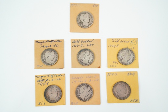Lot of (7) 1914-S Barber Half Dollars (90% Silver)