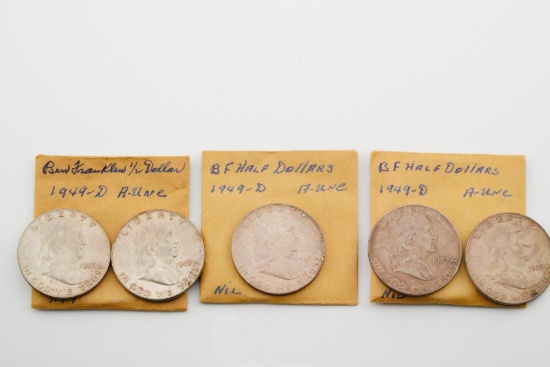 Lot of (5) 1949-D Franklin Half Dollars (90% Silver)