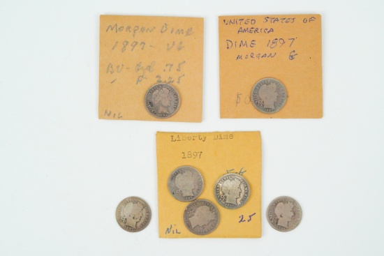 Lot of (7) 1897-P Barber Dimes (90% Silver)