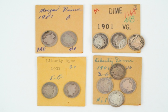 Lot of (11) 1901-P Barber Dimes (90% Silver)