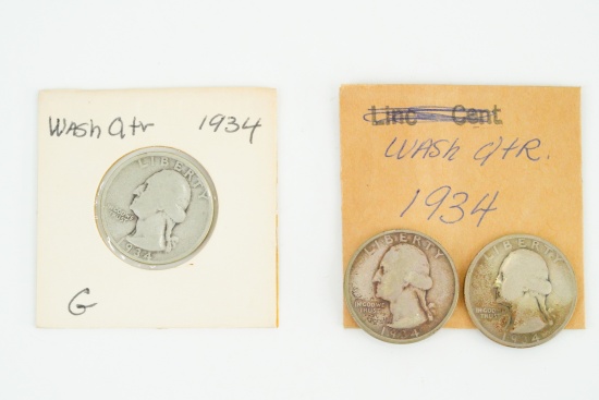 Lot of (3) 1934-P Washington Quarters (90% Silver)