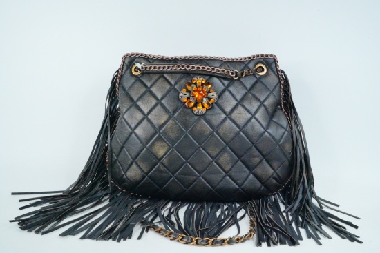 Chanel 2014 Black Aged Calfskin Fringe Shoulder Bag