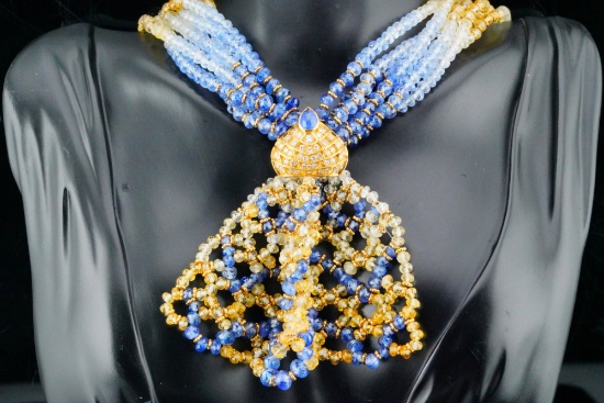 649.52ctw Sapphire, 1.47ctw Diamond, 18K Torsade Necklace