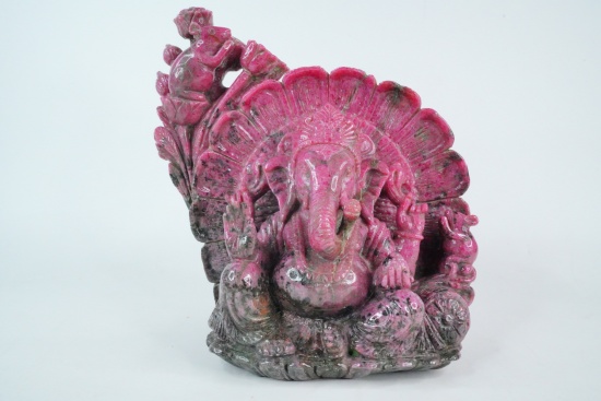 Exquisite Hand-Carved Ruby Sculpture, Ganesha and Shiva