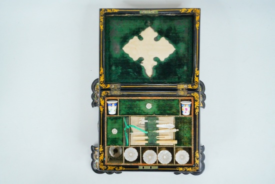 Victorian Boulle-Style MOP Inlaid Sewing Box W/Tools