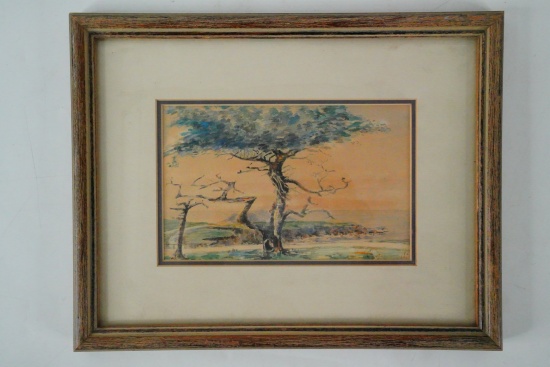 Signed Watercolor Landscape with Trees