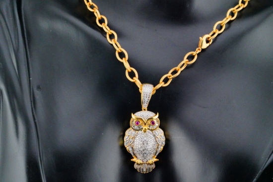 14K and Diamond Owl Pendant on Gold Tone Chain