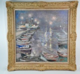 Original Oil on Canvas Painting, Nocturnal Harbor Scene