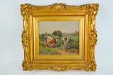 S. Brownell Oil on Canvas Scene with Figures and Cattle