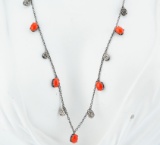 7mm Red Coral, 0.85ctw Diamond and Silver 18