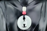 Carved Green and Red Jade and Black Silk Cord Necklace