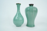 Pair of Celadon-Glazed Ribbed Vases
