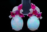 11.90ctw Opal, 3.80ctw Ruby and Diamond, 18K Earrings