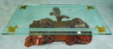 Ornate Carved Wood Lion Base Glass Coffee Table