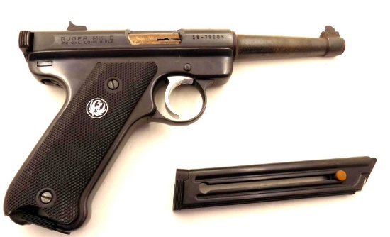 Manufacturer: Ruger Model: MKII Gauge/Cal: .22 LR Type: Pistol Serial: 18-79105 Misc: Canvas holster