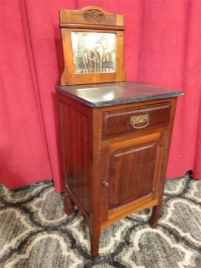 ANTIQUE SLATE TOP CABINET / WASHSTAND WITH MIRROR TOP AND SINGLE DOOR, VERY