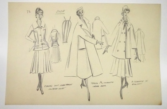 GWENDOLYN LYNN MID CENTURY FASHION DRAWING, PENCIL ON TRACING PAPER, DIOR D