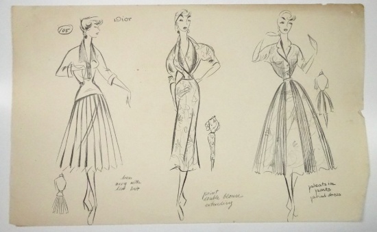 GWENDOLYN LYNN MID CENTURY FASHION DRAWING, PENCIL ON TRACING PAPER, DIOR D