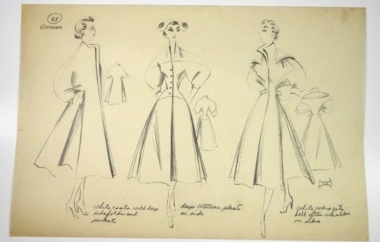 GWENDOLYN LYNN MID CENTURY FASHION DRAWING, PENCIL ON TRACING PAPER, DESSES