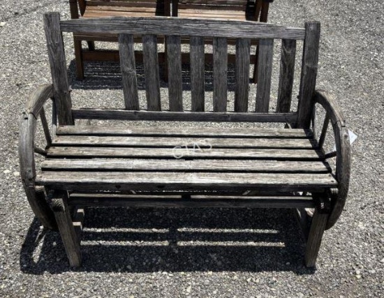 Yard Art, Wooden Bench w/ Wagon Wheels